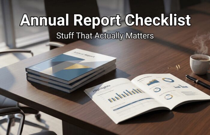 Stacked printed annual reports on a boardroom table next to an open report showing highlights and charts.