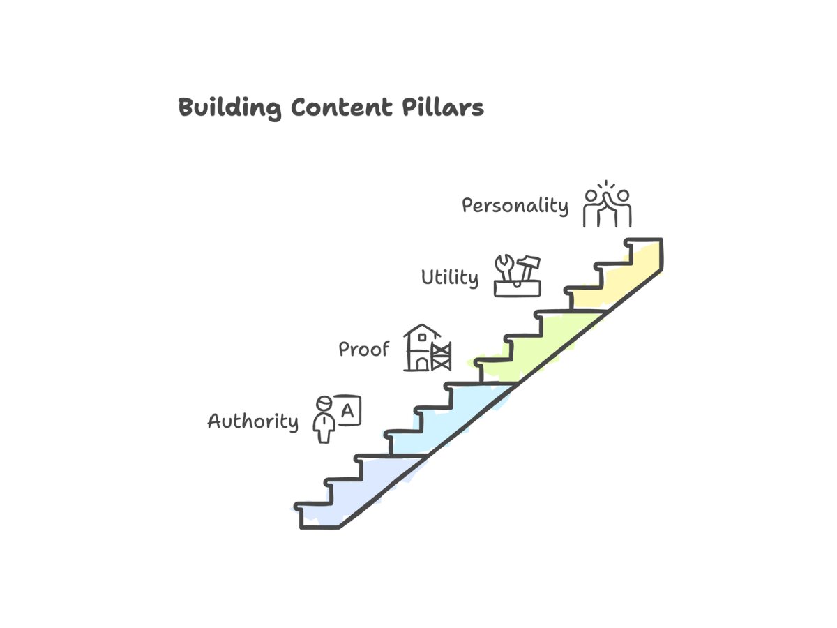 Staircase diagram titled Building Content Pillars with four steps: Authority, Proof, Utility, Personality.
